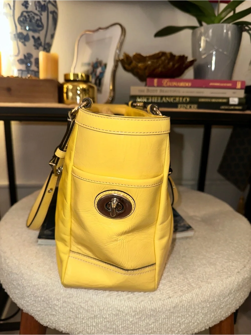 Coach Patent Leather Pleated Gallery Tote (Style F13761) Yellow NWOT
